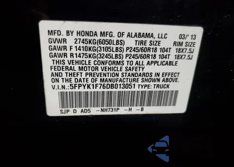 2013 Honda Ridgeline Sport from USA, damaged, VIN 5FPYK1F76DB013051